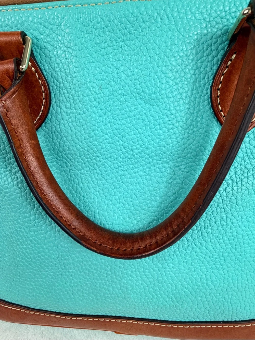 Dooney & Bourke Zip Zip Turquoise Leather Satchel with Brown Trim